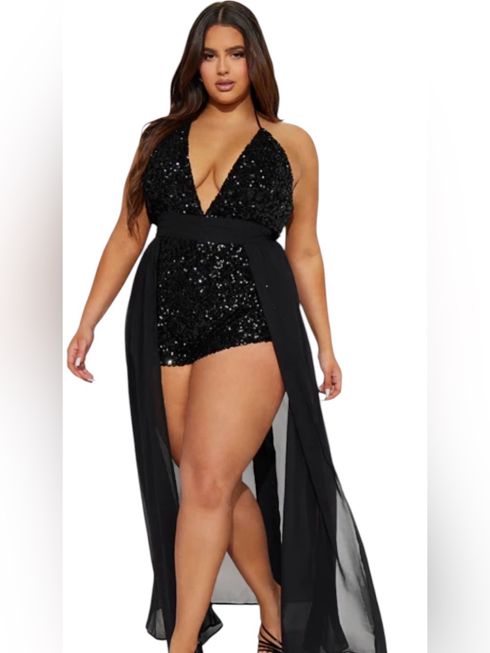 Black Sequined Romper with Skirt